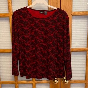 EUC George Women's Red and Black Floral Lace Print Long Sleeve Top